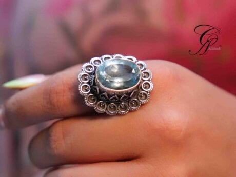 Indian Topaz Semi-Precious Stone Rava Carved Adjustable Ring in 925 Silver