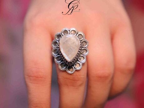 Indian Rainbow Semi-Precious Stone Rava Carved Adjustable Ring in 925 Silver