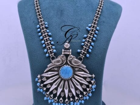 Enchanting Bird and Turquoise Long Pendant Necklace in 925 silver