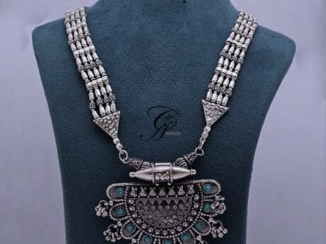 Blue Stone Dholki Pendant Necklace in 925 Silver