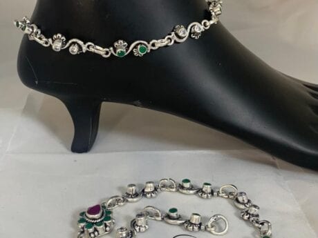 Green Onyx, Ruby, and CZ Stone Payal with Ball Ghunghru Charms