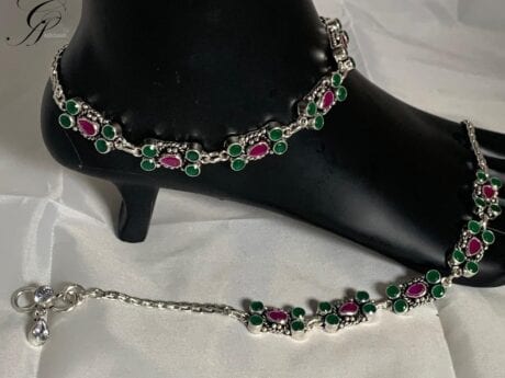 Cut Stone Design Payal with Green Onyx and Ruby Stones