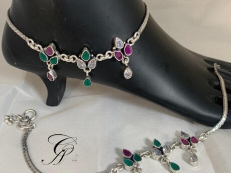 Leaf Design Payal with CZ, Green Emerald, and Red Ruby Stones