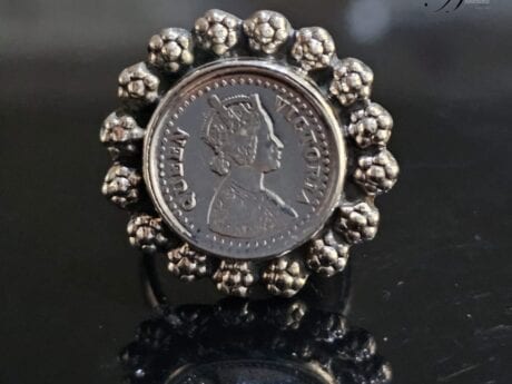 Coin and Flower-Designed Adjustable Silver Ring