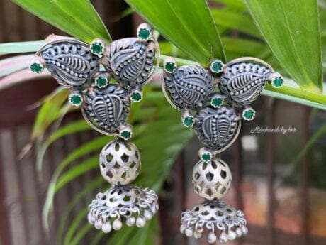 Oxidized Leaf Motif Jhumki in 92.5 Silver