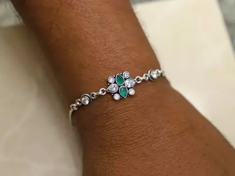 925 Sterling Silver Rakhi Chain Bracelet with Kundan Stones