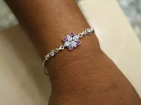 925 Sterling Silver Rakhi Chain Bracelet with Kundan Stones