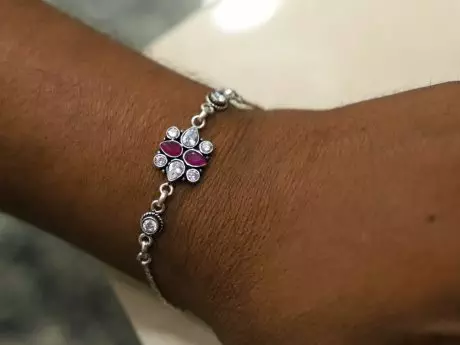 925 Sterling Silver Rakhi Chain Bracelet with Kundan Stones