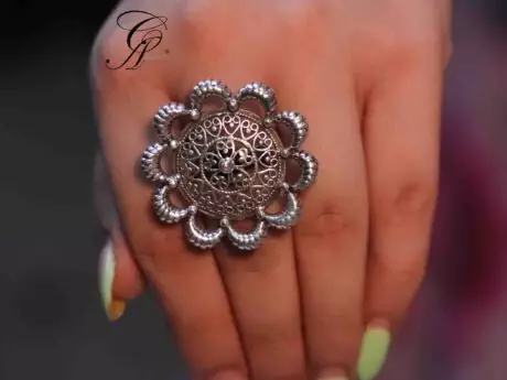 Indian Jali Carved Adjustable Ring in 925 Silver