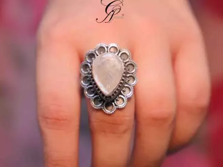 Indian Rainbow Semi-Precious Stone Rava Carved Adjustable Ring in 925 Silver