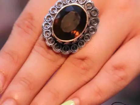 Indian Smokey Semi-Precious Stone Rava Carved Adjustable Ring in 925 Silver