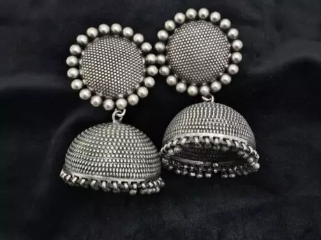 Antique Dotted Bell Charm Jhumki in 925 silver