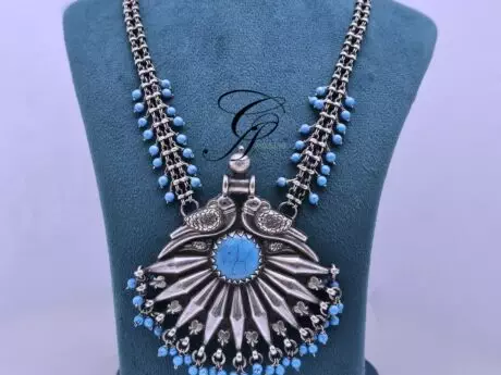 Enchanting Bird and Turquoise Long Pendant Necklace in 925 silver