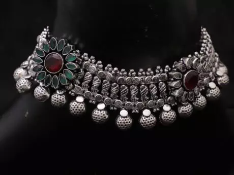 Ruby and Emerald Floral Chain Payal in 925 silver