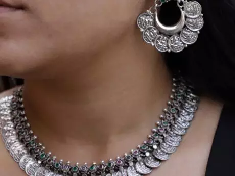 Emerald & Ruby Coin Necklace Set in 925 Silver