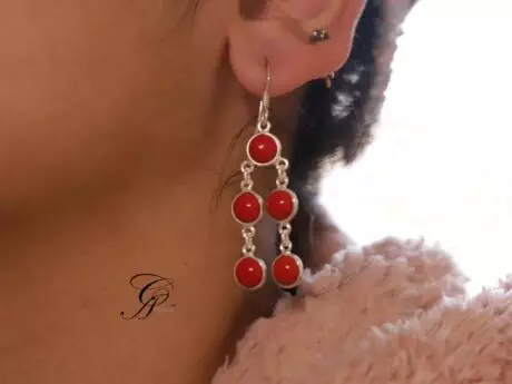 Red Coral Semi Precious Stone Earrings in 92.5 Silver