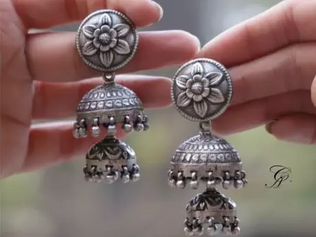 Flower Two-Layer Designer Jhumki with Ball Charm in 92.5 Silver