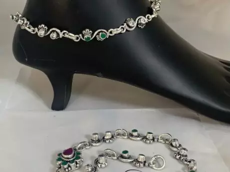 Green Onyx, Ruby, and CZ Stone Payal with Ball Ghunghru Charms