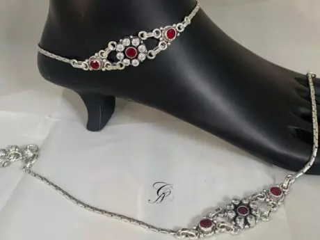 Ruby and CZ Stone Flower Design Payal with Ball Ghunghru Charms