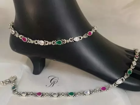Green Onyx, Ruby, and CZ Cut Stone Payal with Ball Ghunghru Charms