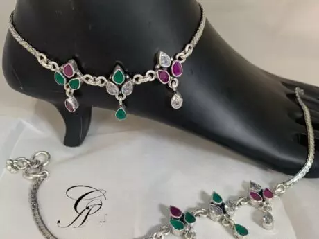 Leaf Design Payal with CZ, Green Emerald, and Red Ruby Stones