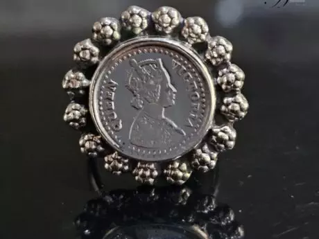 Coin and Flower-Designed Adjustable Silver Ring