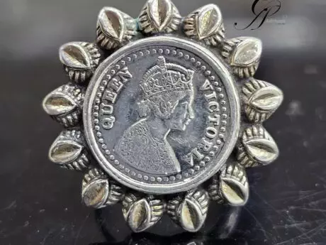 Coin and Leaf-Designed Adjustable Silver Ring