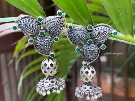Oxidized Leaf Motif Jhumki in 92.5 Silver