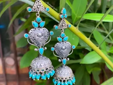 Oxidized Turquoise Stone Jhumki in 92.5 Silver