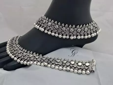 Floral Motif Antique Silver Anklet in 92.5 Hallmarked Silver