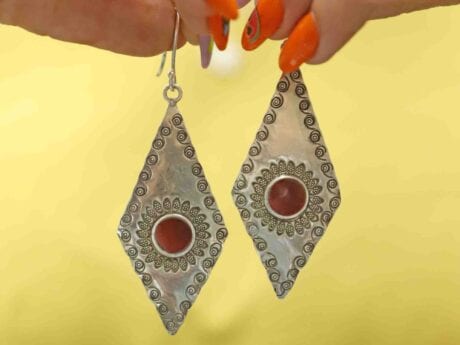 925 Silver finely carved earrings with ruby stone