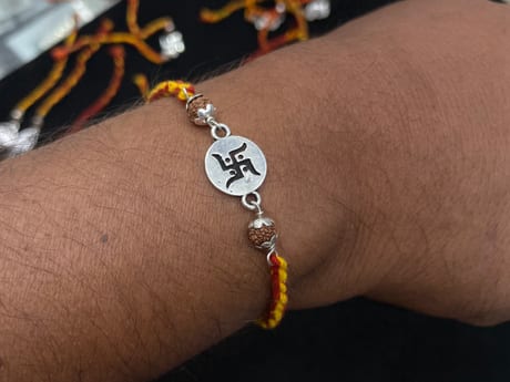 925 Silver "Swastik" Motif Rakhi with Panchmukhi Rudraksha
