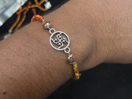 925 Silver "Swastik" Motif Rakhi with Panchmukhi Rudraksha