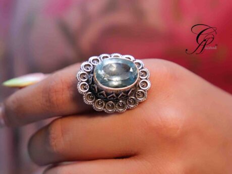 Indian Topaz Semi-Precious Stone Rava Carved Adjustable Ring in 925 Silver