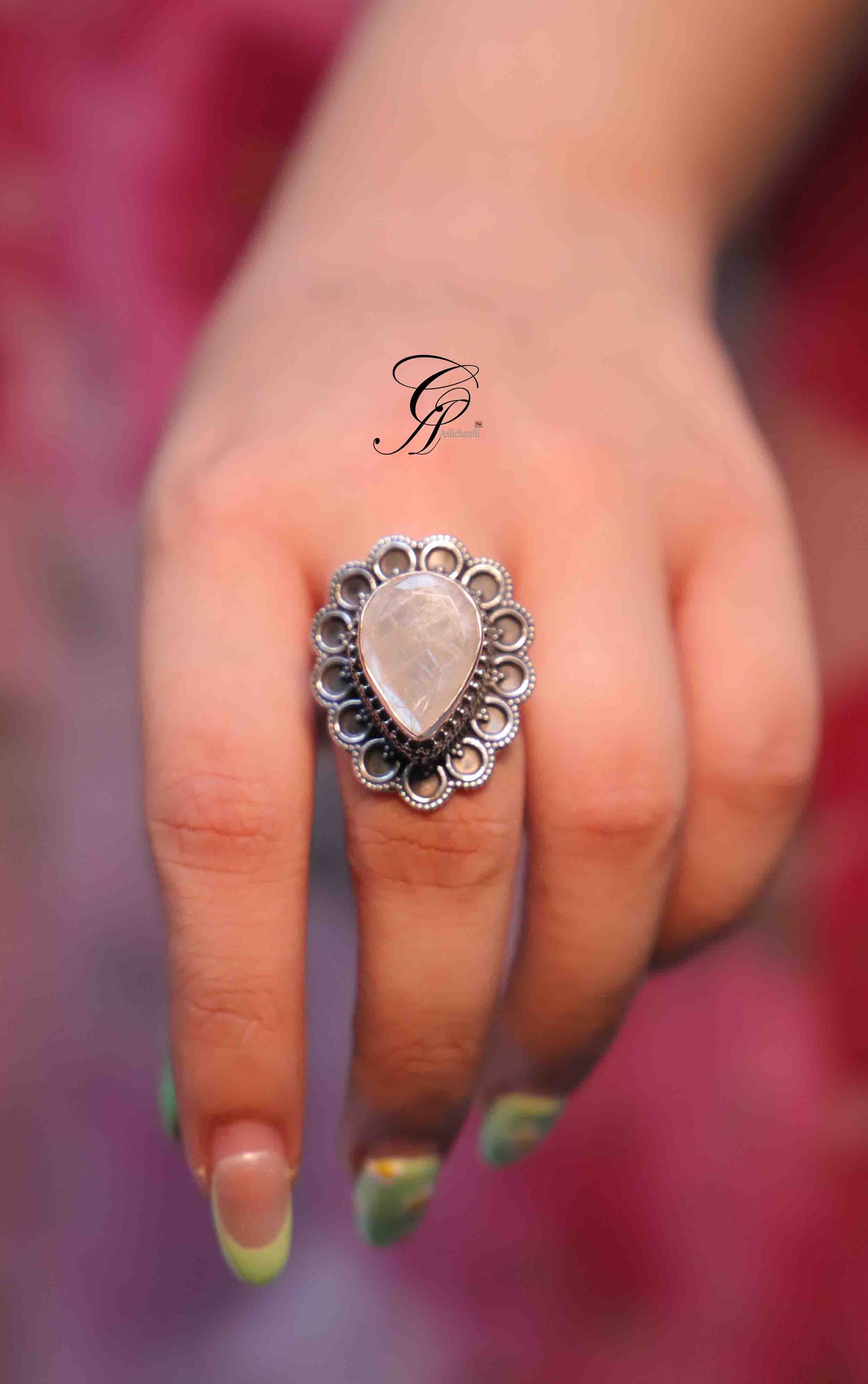 Indian Rainbow Semi-Precious Stone Rava Carved Adjustable Ring in 925 Silver