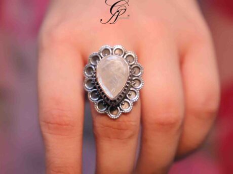 Indian Rainbow Semi-Precious Stone Rava Carved Adjustable Ring in 925 Silver