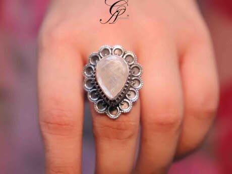 Indian Rainbow Semi-Precious Stone Rava Carved Adjustable Ring in 925 Silver