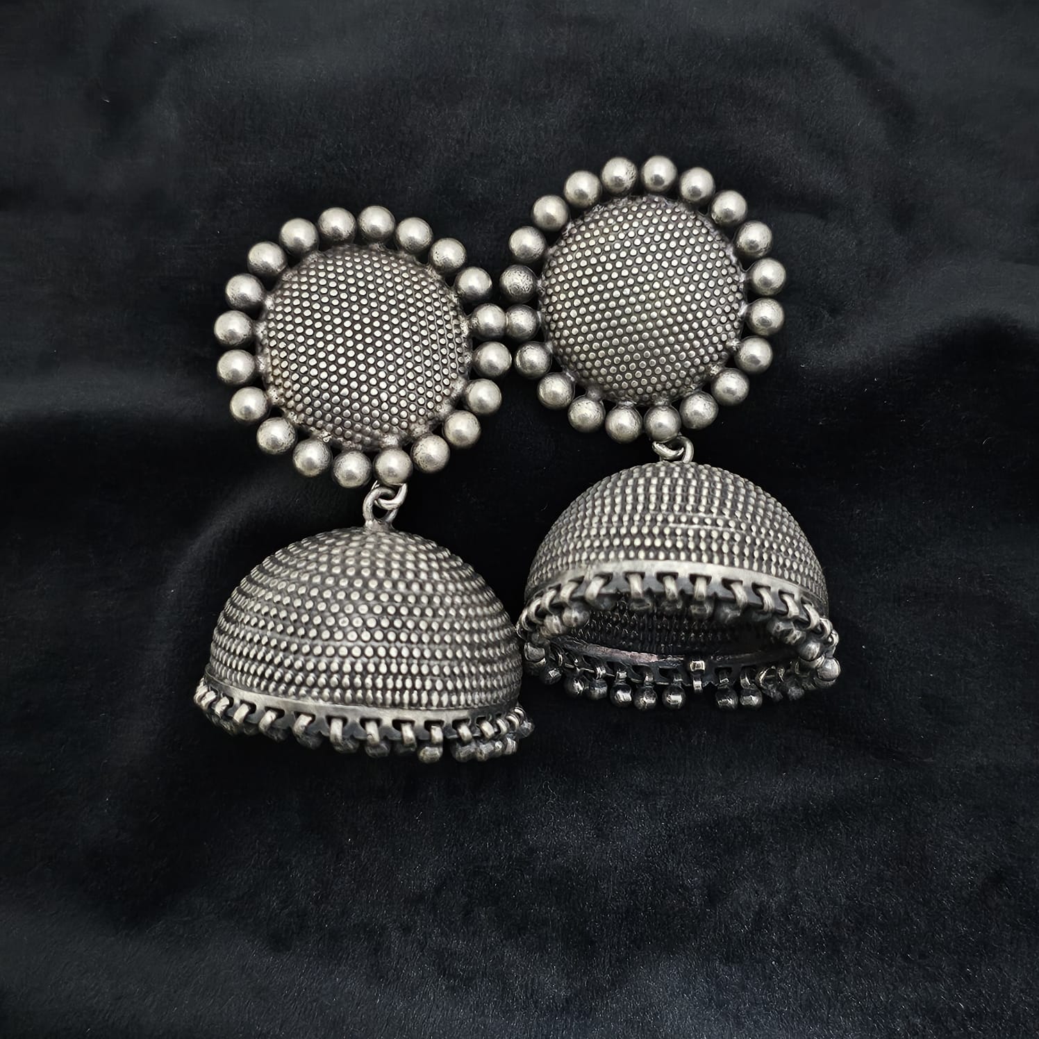 Antique Dotted Bell Charm Jhumki in 925 silver
