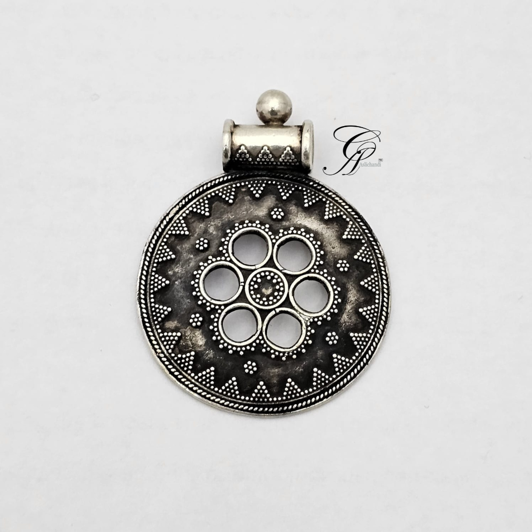 Antique Rava Work Flower Pendant in 925 Silver